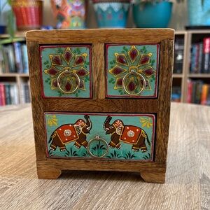 Mini Wooden Jewelry Chest with Elephant Motif